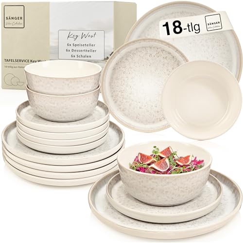 SÄNGER Key West | Steingut Geschirr Set 18 tlg, Teller Set 6 Personen, Geschirrset 6x Speiseteller 6x Müslischalen 6x Dessertteller, Tafelservice Creme mit sandiger Maserung | VALUE COLLECTION