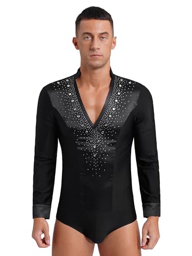 Freebily Herren Body Langarm V-Auschnitt Latein Hemd Mit Glitzer Strass Jazz Tango Top Modern Dance Outfit Performance Tanzkostüm Schwarz L