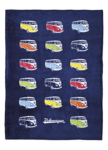 BRISA VW Collection - Weiche Volkswagen Kuschel-Fleece-Schmuse-Decke im T1 Bulli Bus Design (150x200cm/Bulli Parade/Bunt)