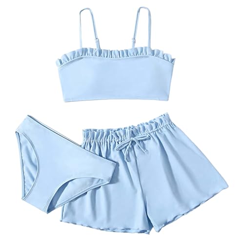 3 Teiliges Mädchen Bikini Sets Einfarbig Badeanzug Verstellbare Bikini Oberteil+Triangel Bikinihose+Kurz Shorts Sommer Strand Schwimmanzug Bademode Badebekleidung für 8-16 Jahre (Blau, 10-12 Jahre)