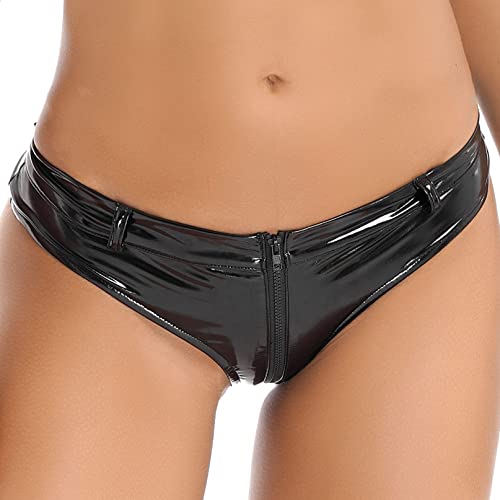 YiZYiF Damen Wetlook Slip Lack Leder Hotpants mit Reißverschluss Hohe Taille Latex Leder Booty Shorts Erotik Dessous Unterhose Schwarz N S