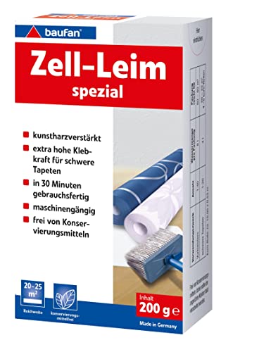 Baufan Zell-Leim spezial - 200g I Kunstharzverstärkter Spezial Tapetenkleister mit extra hoher Klebkraft für schwere Tapeten I Tapetenleim 20 - 25 m2