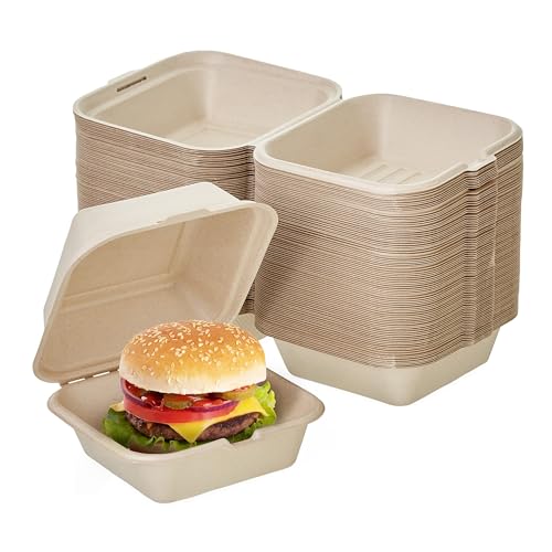 HAAGO 50 990ml Premium Zuckerrohr Bagasse Burgerboxen, Take Away Food-Boxen, (15cm) – Stabil, Biologisch Abbaubar, Umweltfreundlich & Kompostierbar