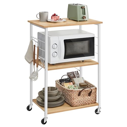 VASAGLE Küchenregal auf Rollen, Servierwagen, 3 Ebenen, Küchenwagen, für Mini-Backofen, Mikrowellen, Metallrahmen, 6 Haken, 40 x 60 x 89 cm, goldeichenfarben-wolkenweiß KKS060Y09