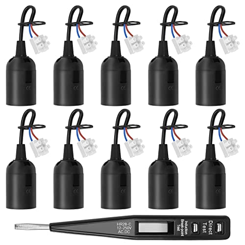 VEUWOLM 10 Stücke Fassung E27 Renovierfassung Lampenfassung Baustellenfassung E27+VDE-Spannungsprüfer, Baufassung mit Kabel,Schwarze Renovierfassung, Baustellenfassung E27