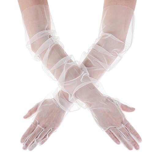 LLOUSSAK Weiße Handschuhe aus Tüll, Lange Damen Net Handschuhe Braut Voller Finger Tüll Handschuhe für Hochzeit Abendessen Abschlussball Rollenspiele