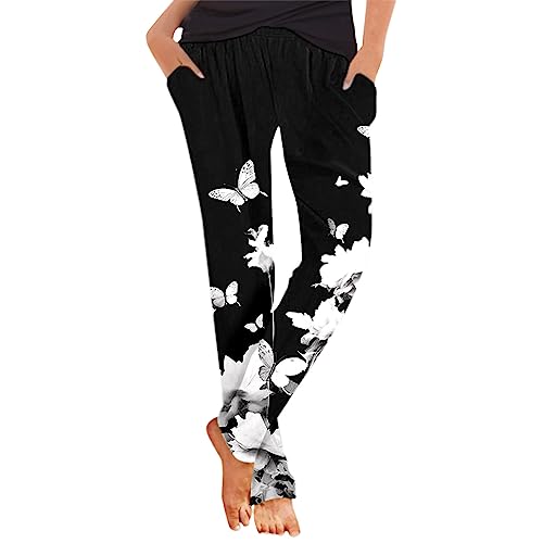 Generisch Damen Jogginghose Damen Sommer-Haremshose, Schlupfhose, Boho-Strandhose, leichte, lässige, lockere Hose mit Taschen Lässige Outdoorhose Damen Sommer Hell (Black, XL)