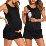 Ekouaer Zweiteiliger Stillpyjama Damen Ärmellos Umstandsmode mit Stillfunktion Kurz Hausanzug für Schwangerschaft schwarz XXL