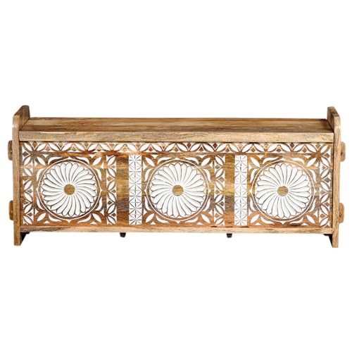 Marrakesch Boho Deko Sitzbank mit Stauraum aus Holz 133cm breit | Truhe Holzkiste mit Deckel Aaren als Schlafzimmer Wohnzimmer Möbel | Bank Schuhbank mit Sitzfläche für den Flur als Flurmöbel