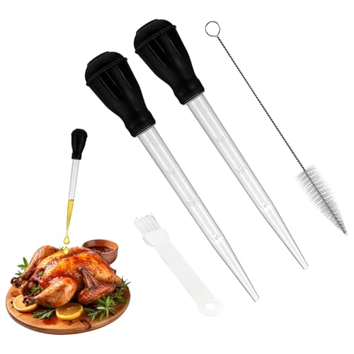 2 Stück Große Truthahn Bratenspritze mit Ölbürste Reinigungsbürste,TPR Tropfer Gummikopf,Hitzebeständige Pipette zum Kochen,Fleischspritze zum Backen,Marinierspritze Grillen,Rind,Schwein,Fisch,Speck