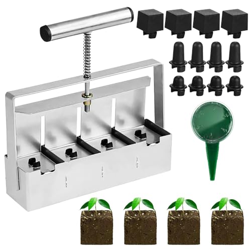 Rppiup Manueller Bodenblocker, Handgehaltener Bodenblockierer 5 * 5CM, Erdballenpresse Anzucht für 4 Soil Block Bodenblockierer, mit Sämaschine Auswechselbarer Plastikstopfen für Pflanzung