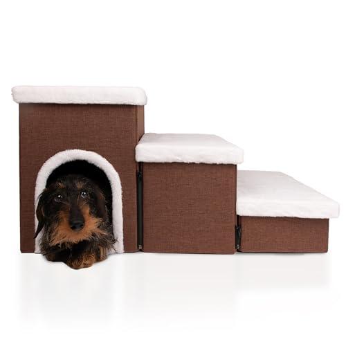 Boefie Hundetreppe mit hundehöhle - hunderampe fur kleine und ältere Hunde – kuschelhöhle - Haustiertreppe fur Hund, Katzen und Kaninchen – Hundetreppe mit Lagerfläche. (braun)