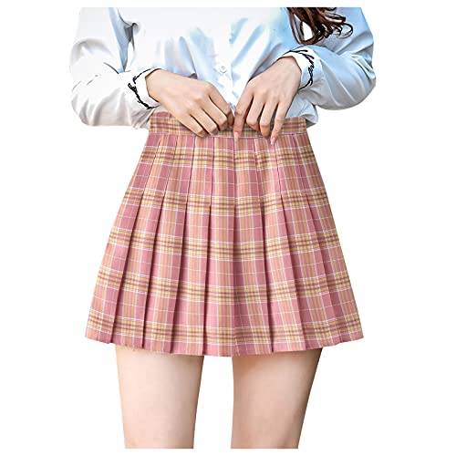 Damen Lässiger Karierter Plissierter Rock A-Linien Minirock Für Frauen Röcke Mit Hoher Taille Elegant Sexy Mädchen Leicht Casual Atmungsaktiv Gefaltete Skater Tennis Schule Kurze Röck (4-Pink, M)