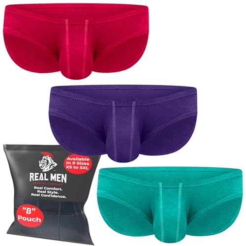 Real Men Ares-Accent Low Rise Bikini Slip - 1, 3, 6er Pack Mit B & D Pouch XS - 5XL, 3er Pack Smaragd Lila Rot, Medium