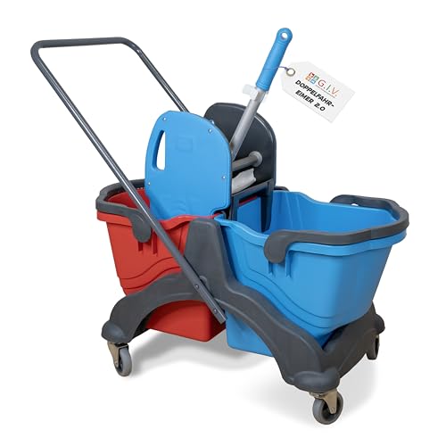 G.I.V. - Reinigungstechnik Putzwagen mit Wischmopp Presse - Doppelfahreimer mit 2X 18L Eimern rot/blau für Gebäudereinigung - Putzeimer - Reinigungswagen für Industrie Gewerbe & Haushalt