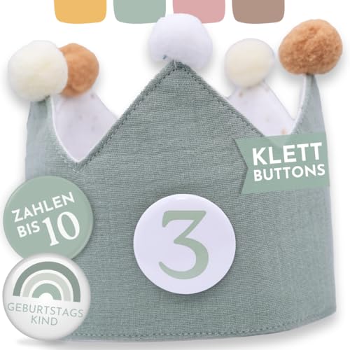 BJORKI® Geburtstagskrone Mädchen & Junge aus Musselin – Klett-Buttons mit Zahlen von 1-10 – Wendbare Krone Geburtstag Mädchen, Krone Geburtstag Junge, Krone Kindergeburtstag, Geburtstag Krone (Mint)