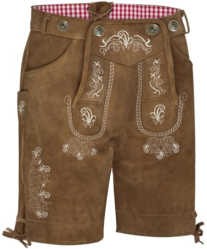 KOSMEEU Lederhose Herren Tracht Kurz Trachtenhose Trachtenlederhosen Lederhose Oktoberfest Mann Braun bayrische Trachten Hose Trachtenmode Hosenträger mit Kunst-Wildleder 48