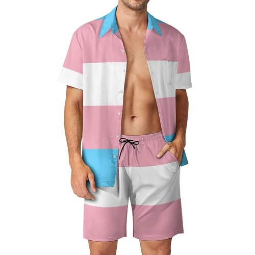 Anceky Transgender Pride Flag Herren Hawaiihemden und Shorts 2-teiliges Shorts-Set Cruise Wear Kurzarm Button-Down-Strandanzug