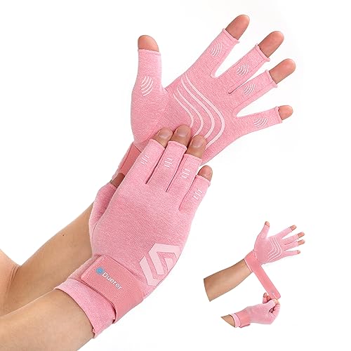 Duerer Arthritis-Kompressionshandschuhe mit Riemen, Damen Herren für RSI, Karpaltunnel, Rheuma, Sehnenscheidenentzündung, Handschmerzen, Handstütze. Fingerlose Handschuhe für Computer (Rosa, L)