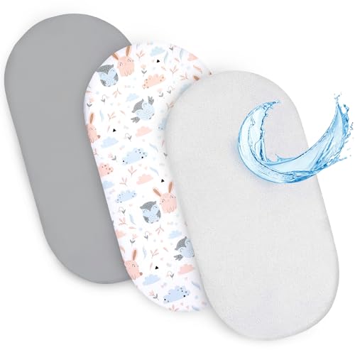 Spannbettlaken Kinderwagen Baby Spannbetttücher 3er Set: 75 x 35 cm - 2X Bettlaken + 1x wasserdichter Matratzenschoner - Babybett Zubehör für Kinderbett Beistellbett Stubenwagen