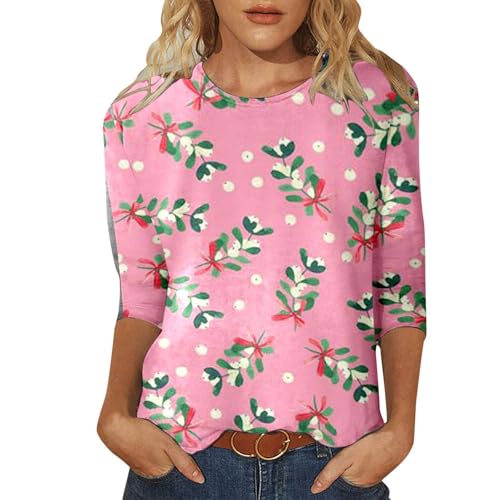 Damen-T-Shirt mit Rundhalsausschnitt und Aufdruck zum Valentinstag, lässig, locker, 3/4-Ärmel, Viertelärmel Wickeloberteil Damen (Multicolour, M)