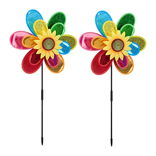 Relaxdays Windrad Blume, 2er Set, Windspielstecker Garten & Balkon, HBT: 75 x 38 x 14 cm, Windmühle reflektierend, bunt