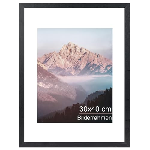 OMISHE Massivholz Bilderrahmen 30x40, Rahmen 30x40, Schwarzer Bilderrahmen 30x40 cm mit 21,5x28 cm Passepartout und Plastikhülle, Holzbilderrahmen 30 X 40cm zum Aufhängen, Schwarz, 1 Pack