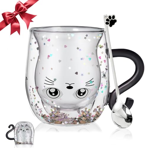 Geschenke für Frauen Katze Doppelwandige Kaffeegläser Valentinstag,Weihnachten,Geburtstagsgeschenk für Frauen,Männer, Mama,Kinder,Freundin Halloween Cappuccino,Latte Macchiato,Teegläser,Katzentasse