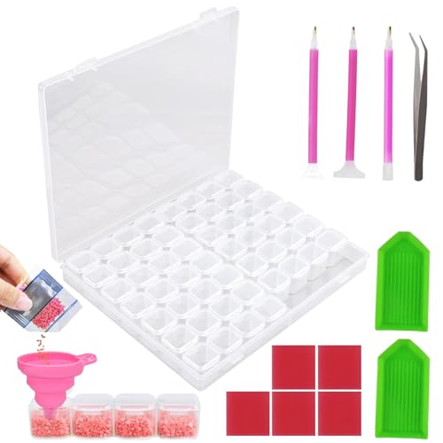 NVGVUP 5D Transparent Diamond Painting Zubehör Boxen, Diamond Painting Aufbewahrungsbox, 56 Fächer Kunststoff Diamant Stickerei Box mit Stift und Trichter, für DIY-Handwerk
