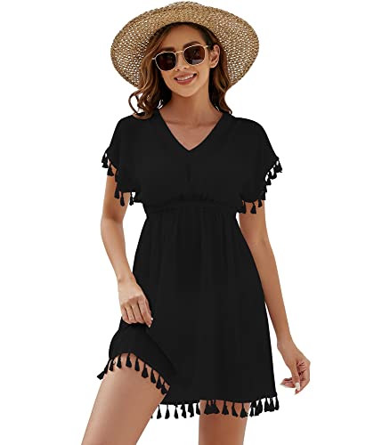 Onfettic Damen Strandkleid Sommer Badeanzug Strandtunika Chiffon Strandponcho Sommerkleider Bikini Cover mit V-Ausschnitt (Schwarz, M)