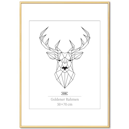 KHG Bilderrahmen aus Kunststoff mit stabilem Glas und Passepartout, zum Aufhängen oder Hinstellen, Ideal für Portraits, Urkunden, Poster - Gold, 50x70 cm