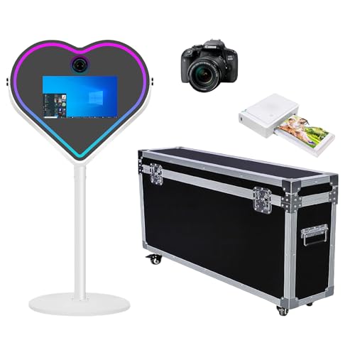 Spiegel Photo Booth mit RGB Licht Selfie LED Rahmen Herzförmig Tragbar 21,5 Zoll Touchscreen Magic Mirror Booth Maschine für Party Events (Weiß, Maschine + Kamera + Mini Drucker)