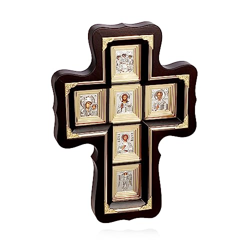 NKlaus Christliche Ikonen naturholz Wand-Kreuz mit Glass 38x27cm Hausaltar metallisiert 14339