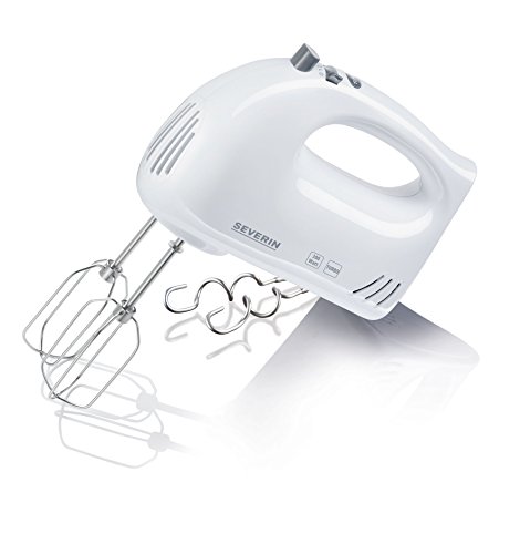 SEVERIN Handmixer, Handrührgerät mit 5 Geschwindigkeitsstufen, praktischer Handrührer mit 2 Edelstahl-Rührbesen und -Knethaken, Weiß, HM 3820