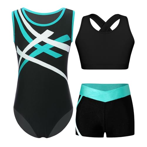 Jugaoge Mädchen Ärmellos Turnanzug Streifen Gymnastikanzug Stretch Tanzbody Leotard + Stretch Sport Shorts + Crop Top 3er Set Tanzoutfit Blau Grün 146-152
