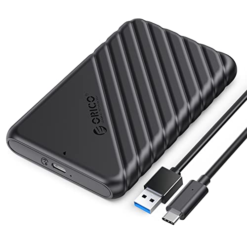 Festplattengehäuse 2,5 Zoll, ORICO 6Gbps USB C 3.1 Gen 1 Festplatten Gehäuse für 9.5mm 7mm 2.5 Zoll SATA SSD HDD, UASP Trim unterstützt, mit USB 3.1 Kabel, Werkzeugloses Externe SSD Gehäuse(Schwarz)