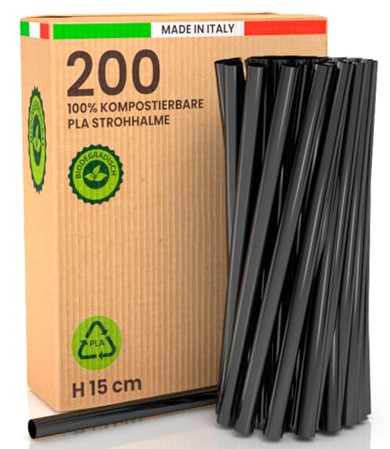 200 ökologische 100% starre Bioplastik Jumbo Strohhalme 15cm x 8mm biologisch abbaubar kompostierbar und wiederverwendbar Made in Italy - Ideal für Getränke Cocktails Events und Partys - Farbe Schwarz