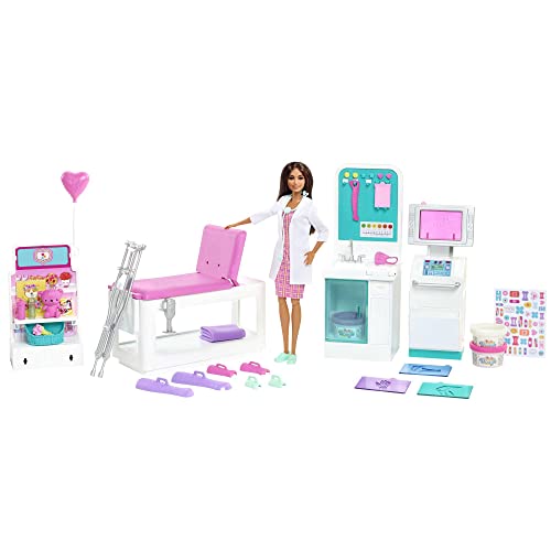Barbie HFT68 - Gute Besserung Krankenstation Spielset mit brünetter Arztpuppe, 4 Spielbereiche, mehr als 30 Teile, Spielzeug ab 4 Jahren
