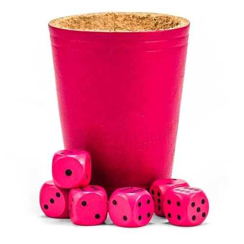 Waldfelsen® Echtleder Würfelbecher (9 cm) mit 6 Holzwürfeln (16 mm) aus Buchenholz Lederbecher Würfelset Augenwürfel Spielwürfel (Farbe: Pink)