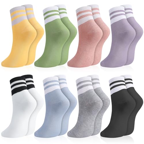 Utensilsto 8 Paar Socken Damen 38-42 Tennissocken Bunte Sportsocken Retro Damen Socken mit Streifen Motiv Baumwollsocken für Arbeit Freizeit Sport