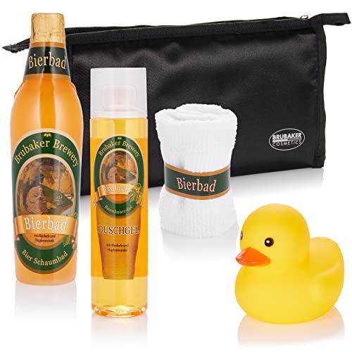 BRUBAKER Cosmetics Bier Badeset Geschenkset für Männer mit Kulturbeutel, Waschlappen und Quietscheente