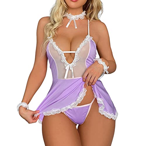 Sexy Schlafanzug Frauen Winter Cute Dress Lenceria Dessous Luxus-Sexs Schwarz Farbe Frauen Strumpfband Dessous BH und Höschen-Sets Crotchless Lingerie for Women Dessou Damen (Purple, M)