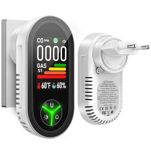 Gedsffati Gas- und CO-Melder mit Stecker für Haus, Kohlenmonoxidmelder CO-Warnmelder CO-Warner Zuhause, Gasmelder Brenngas-Warnmelder für Erdgas LPG Methan Propan Butan, Weiß, PTH-24E