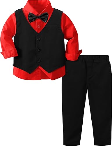 mintgreen Baby Anzug Junge, Kleinkind Hochzeit Outfit Gentleman Lange Ärmel Kleiderset, Rot Schwarz, 80-86, 80
