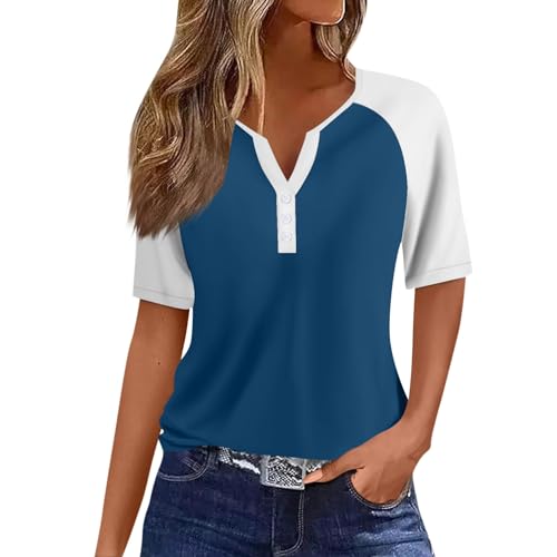 Damen Mit Print Sommer Tshirt Lässiges Farbblock-/Farbverlaufs-Knopf-T-Shirt Lockere Bequeme Kurzarm-Tops T Shirt V Ausschnitt Top Blau 2XL