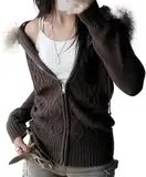 LLECDASEUI Kunstfell Pelzbesatz Hoodies Für Frauen, Y2k Kabel Stricken Langarm Gekürztes Sweatshirt, Reißverschluss Schlanke Jacke Mit Fellkapuze (S,Braun)
