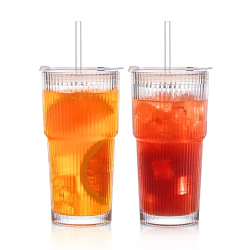 INSETLAN 2 Stück 600ml Gerippte Glasbecher mit Deckel und Strohhalm, dickwandige und robuste Smoothie Becher aus hochwertigem Glas, luftdichtes und wasserdichtes Design, ideal als Kaffee (2)