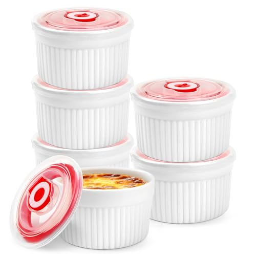 WPPQWP Creme Brulee Keramik Schälchen 6 Stück, Ø9cm 220ml Souffle Förmchen Mit Deckel, Backofenfest Puddingform, Dessertschalen, Mini Auflaufform Weiß, Zum Küchenbacken (Weiß - Ø9cm - 6er Set)