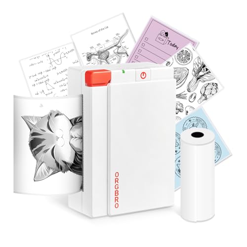 ORGBRO Mini Aufkleber Drucker, X3 Tragbarer Bluetooth Thermodrucker Fotodrucker für Studie Notizen & Fotos, mit 1 Rolle Aufkleber Papier, 300DPI Kompatibel mit Smartphone für Zuhause, Büro, Weiß