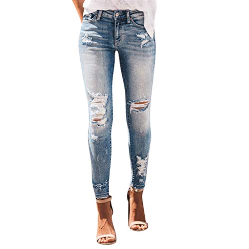 KKPW Damen Stretch Jeans Slim Zerrissene Hose mit Sichtbarer Knopfleiste Elegant Hohe Taille Skinny Hosen Streetwear Mode Stretchy Jeanshosen,Blau L